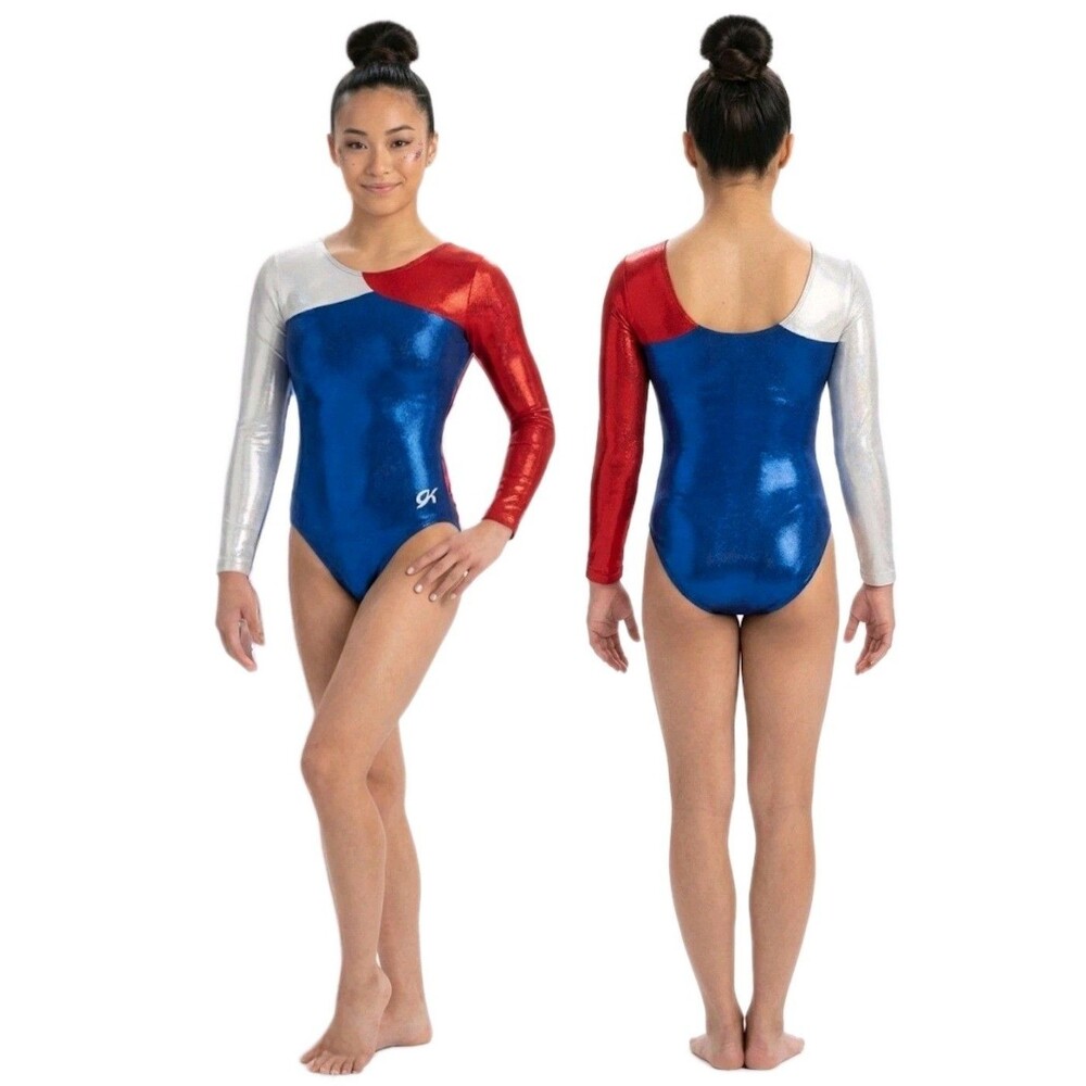 GK Elite VTG Patriotic Mystique LS Foiled Leotard Red White Blue Size AM Adult M